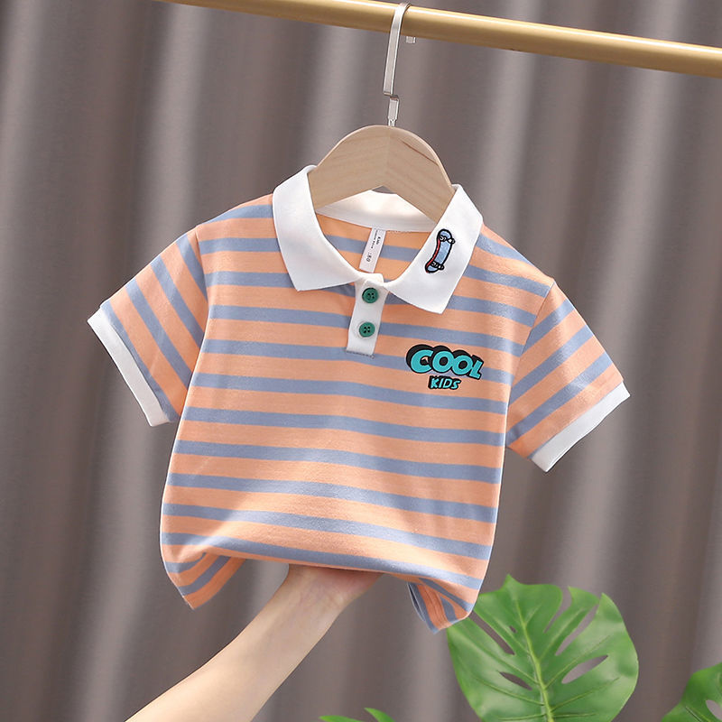 Cotton short-sleeved male baby 2023 summer new striped printed polo shirt lapel top thin section bottoming shirt tide