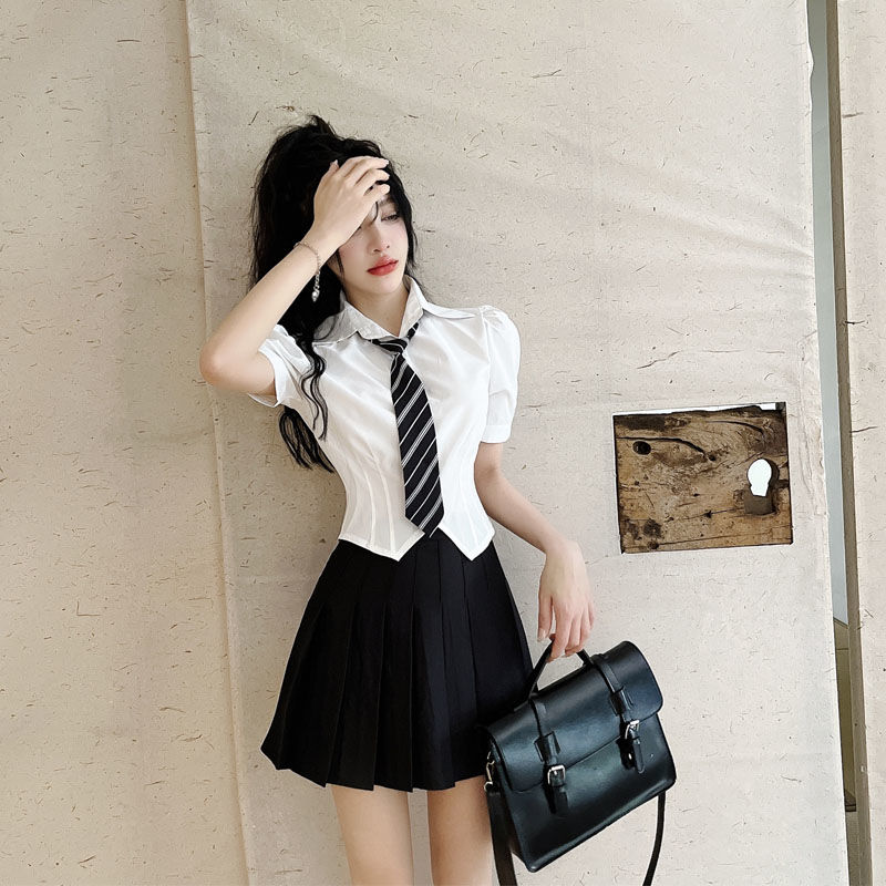甜辣學院風裙套裝女2023年夏季新款減齡泡泡袖襯衫女百褶裙兩件套