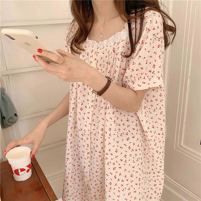 Ins Korean pajamas women's summer baby cotton sense net red small cherry thin section summer nightdress home service two-piece set
