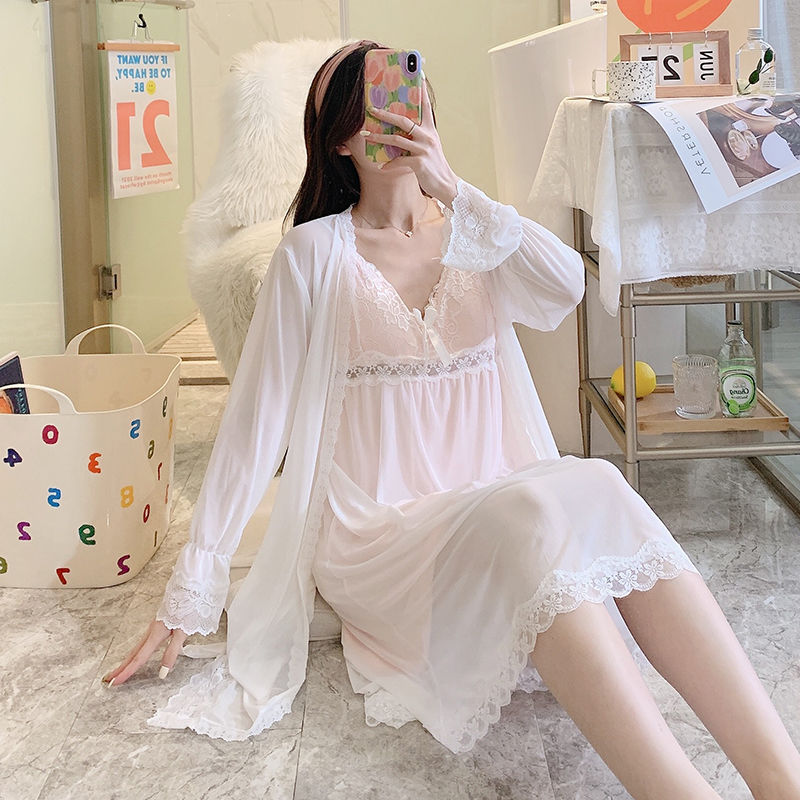Spring and autumn women's nightdress with chest pad net gauze modal princess style sweet and sexy small suspenders mid-length home clothes