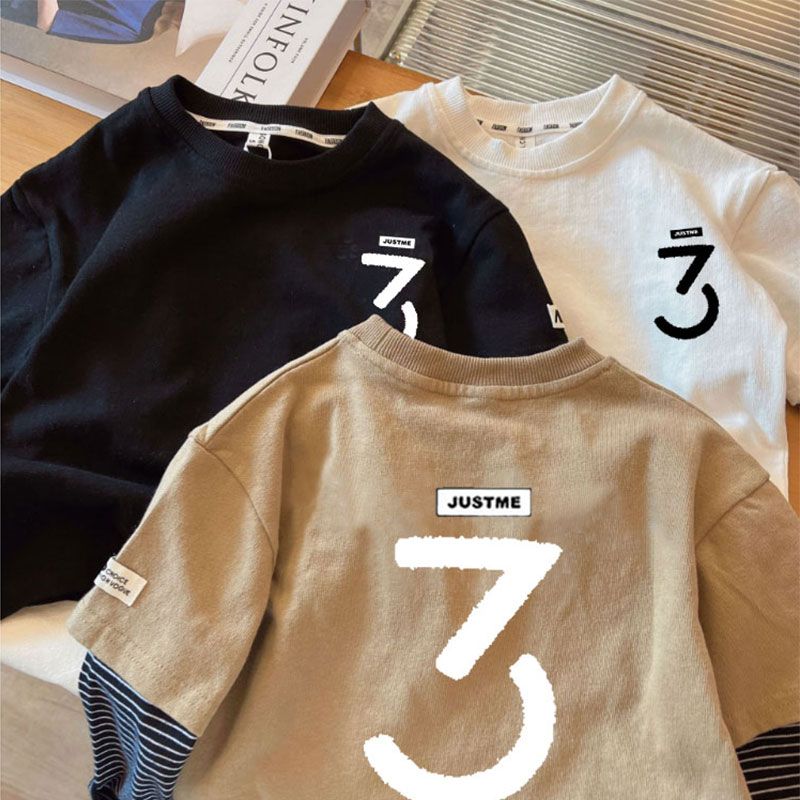 Boys T-shirt long-sleeved pure cotton spring and autumn thin section handsome children's clothing Korean version of children's fake two-piece bottoming shirt