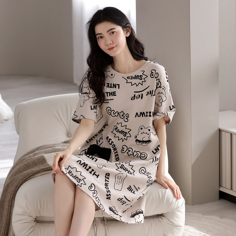 Geqianya nightdress women's summer 100% cotton short-sleeved knee-length mid-length cute summer pajamas women's cotton thin section