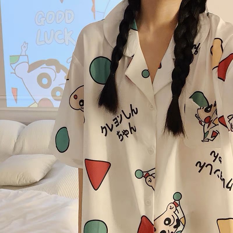 Japanese ins wind pajamas female summer ice silk student cartoon cute short-sleeved thin section high-end home service outerwear