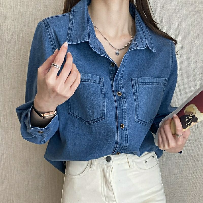 牛仔襯衣外套女春秋2023年新款港風復古小眾上衣藍色內搭疊穿襯衫