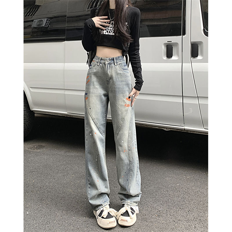 美式街頭復古設計感牛仔褲高腰小眾潑墨闊腿褲寬鬆直筒拖地長褲潮