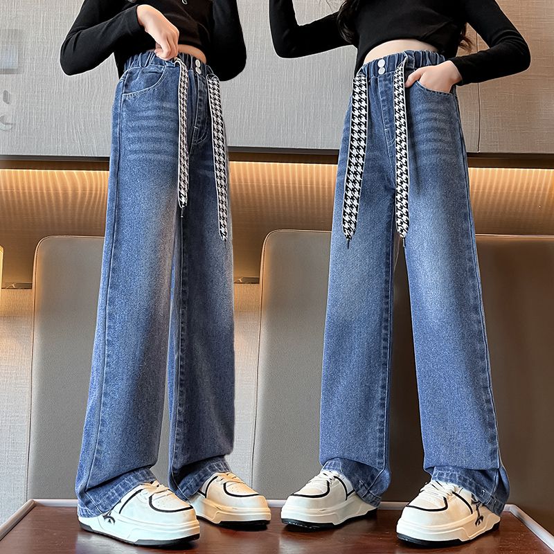 女童牛仔褲2023新款洋氣春裝兒童寬鬆闊腿褲春秋中大童直筒長褲子