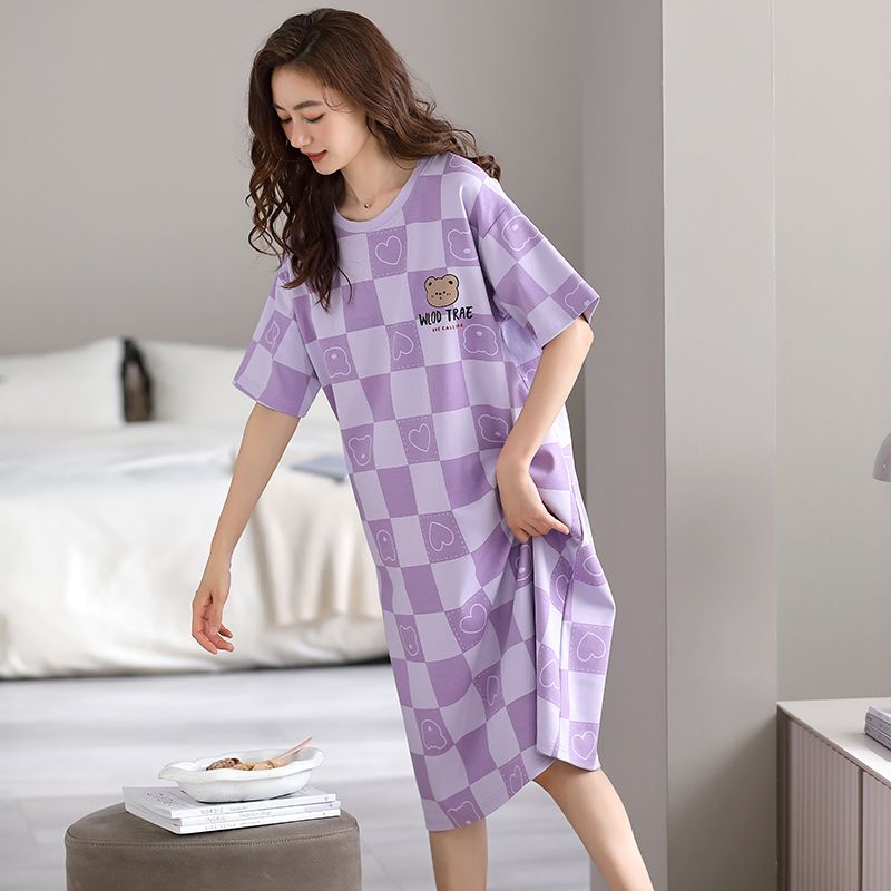 Geqianya nightdress women's summer 100% cotton short-sleeved knee-length mid-length cute summer pajamas women's cotton thin section