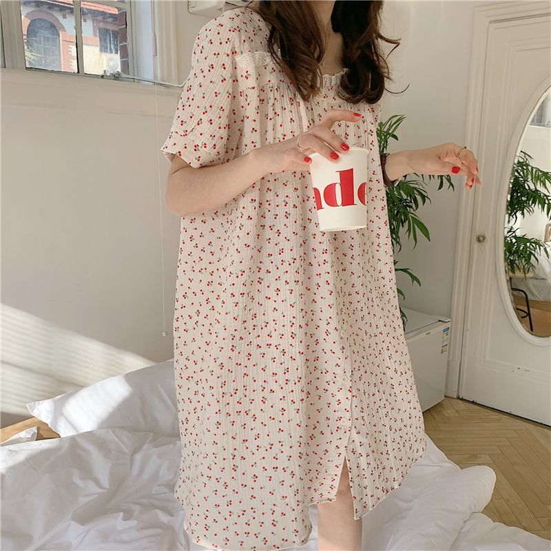 Ins Korean pajamas women's summer baby cotton sense net red small cherry thin section summer nightdress home service two-piece set