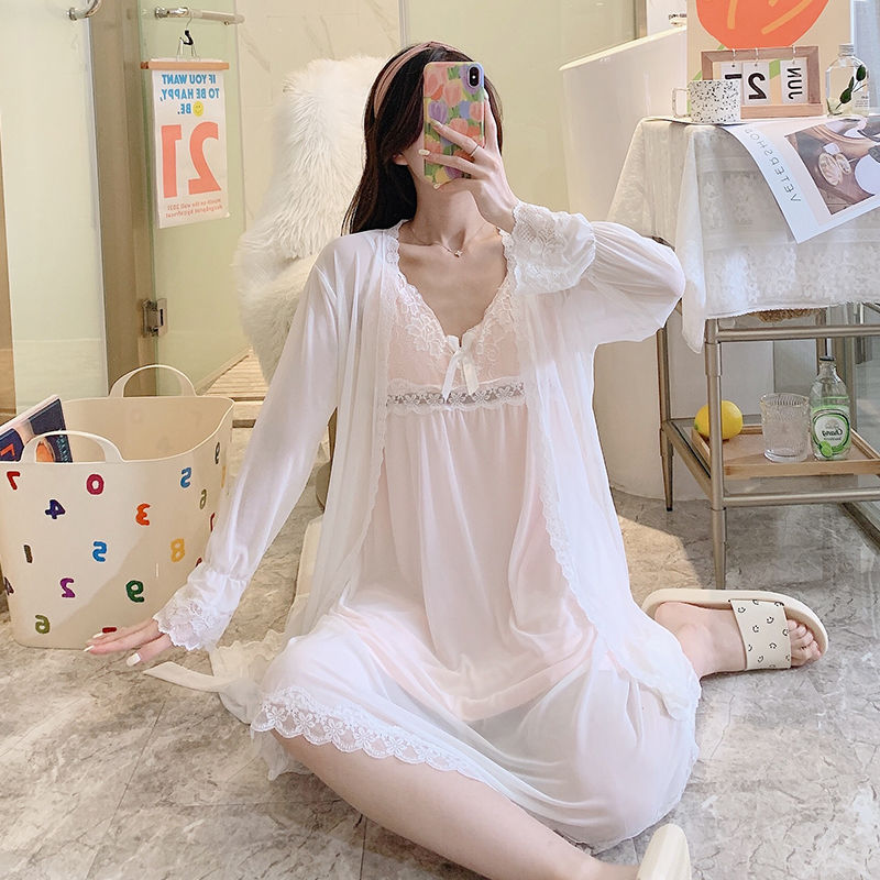 Spring and autumn women's nightdress with chest pad net gauze modal princess style sweet and sexy small suspenders mid-length home clothes