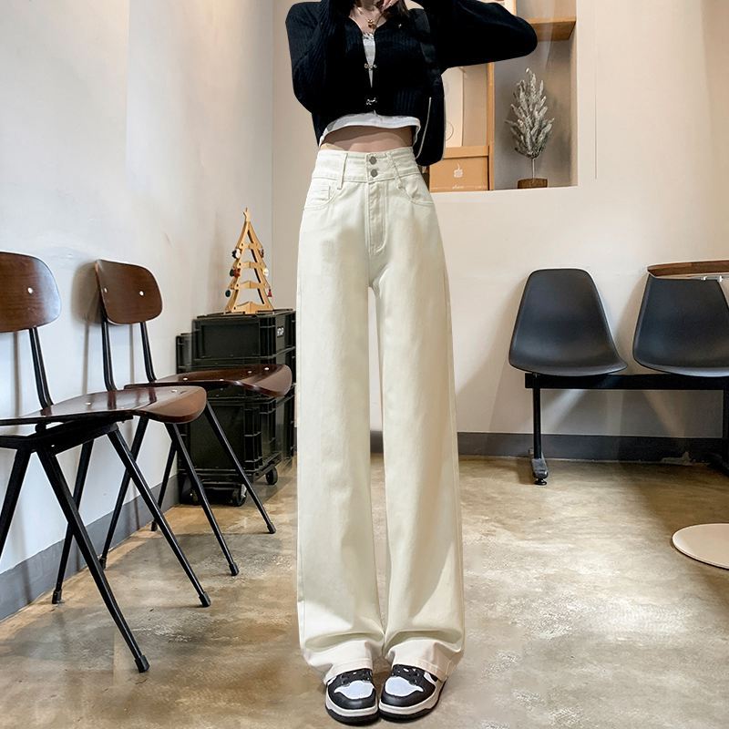 Off-white high-waisted wide-leg jeans for women, spring and autumn  new style, slim and versatile, straight-leg floor-length mopping pants