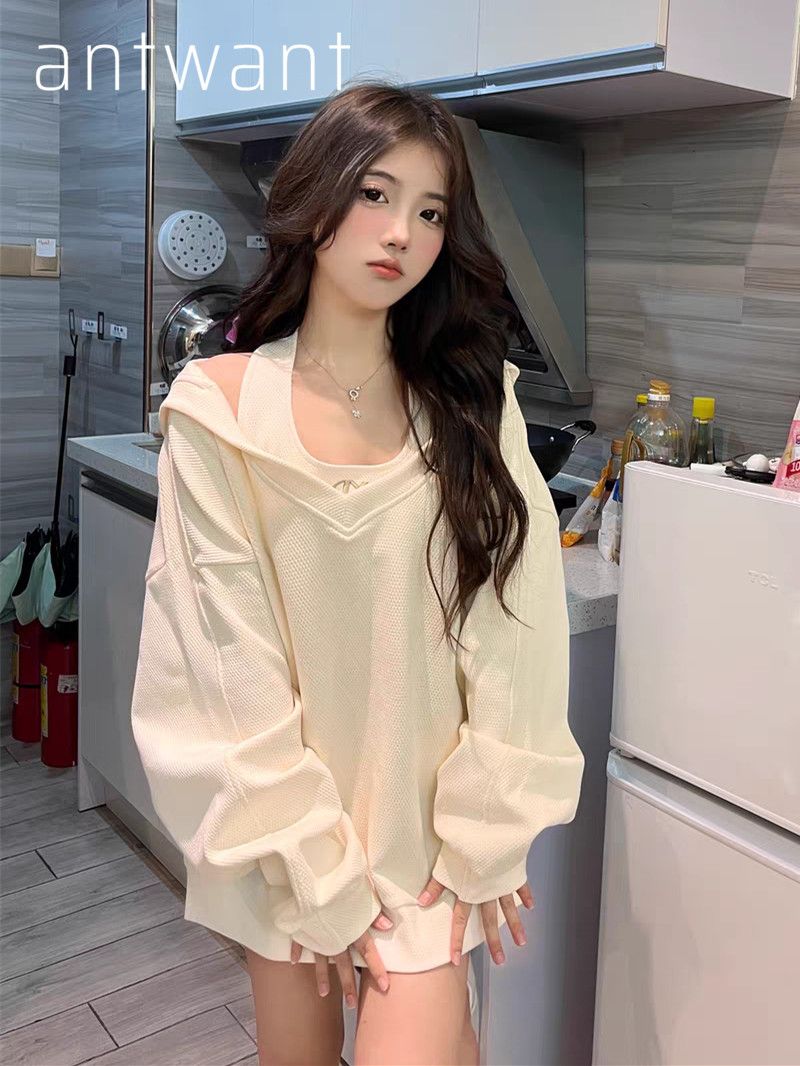 ANTWANT春秋辣妹風掛脖背心衛衣INS超火oversize連帽上衣兩件套女