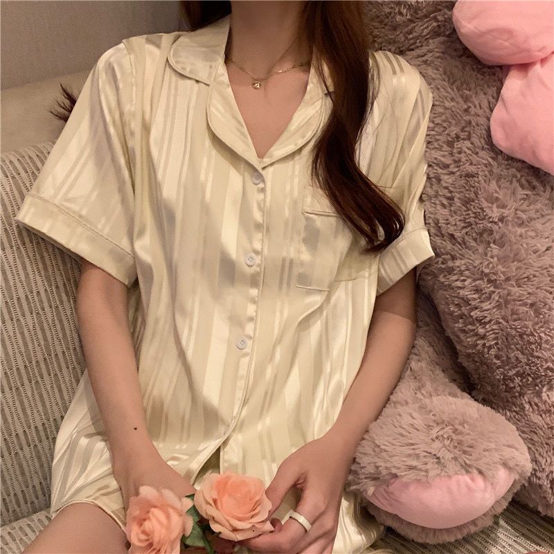 Japanese ins wind pajamas female summer ice silk student cartoon cute short-sleeved thin section high-end home service outerwear