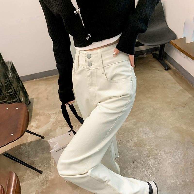 Off-white high-waisted wide-leg jeans for women, spring and autumn  new style, slim and versatile, straight-leg floor-length mopping pants