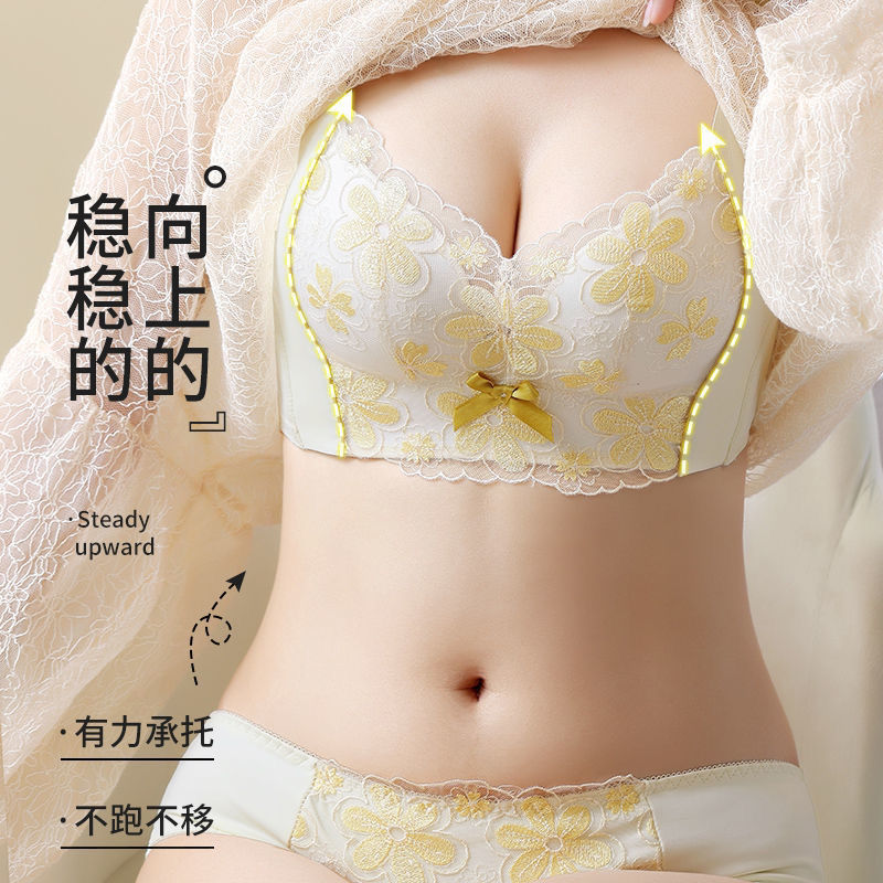 Adjustable embroidered underwear women gather small breasts to receive auxiliary breasts anti-sagging thickened bra without steel ring large size suit