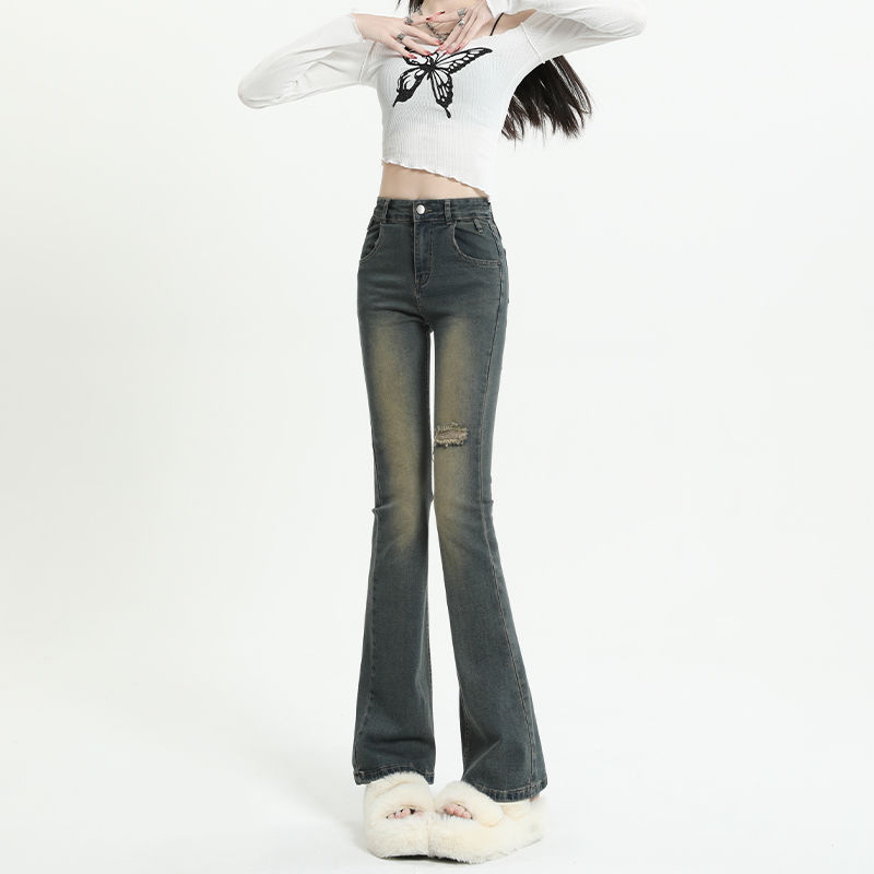 145 short size xs old retro ripped denim jeans women's spring high waist slim slim trousers trendy