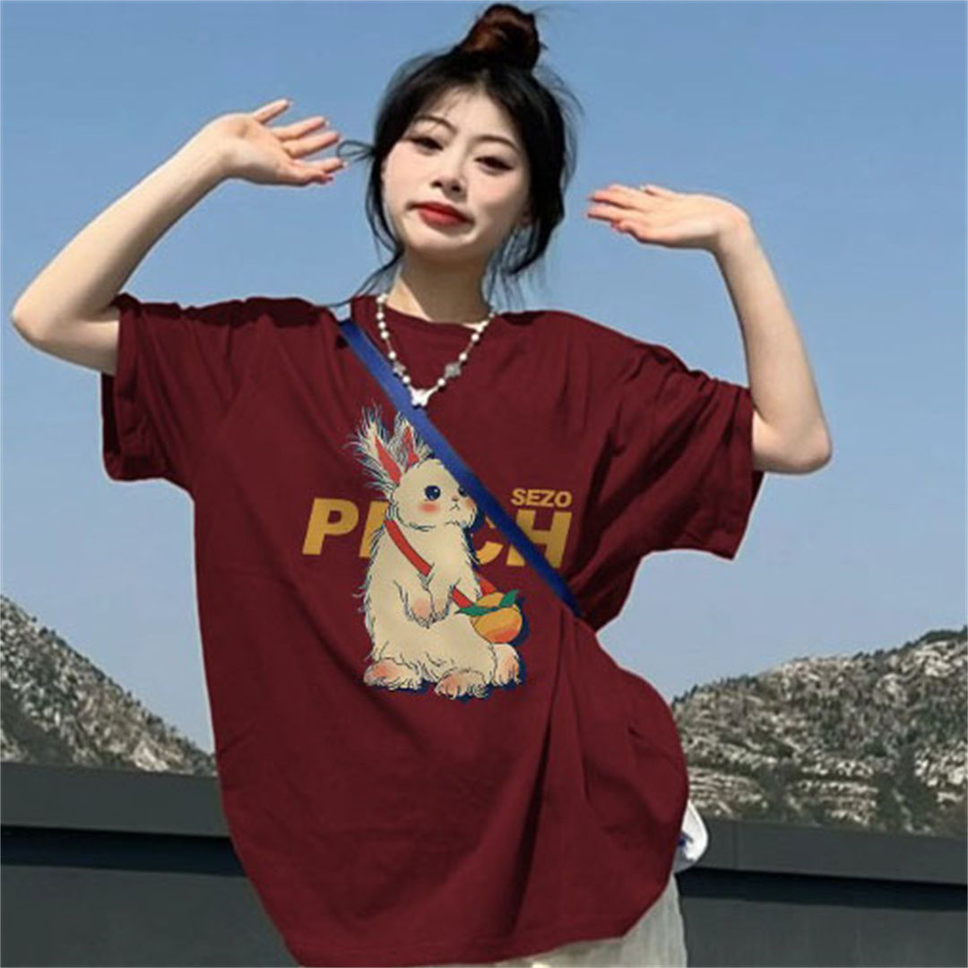 100% pure cotton wine red cute bunny short-sleeved T-shirt women's summer mid-length student BF loose ins top tide