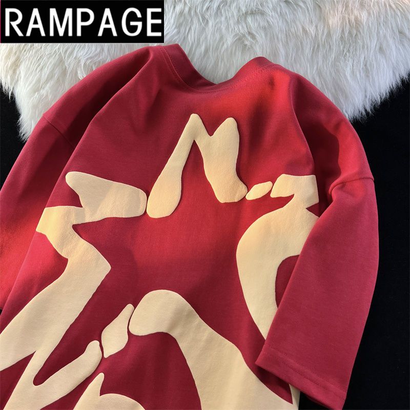 RAMPAGE100%純棉國潮復古塗鴉星星字母短袖t恤男女美式寬鬆夏上衣