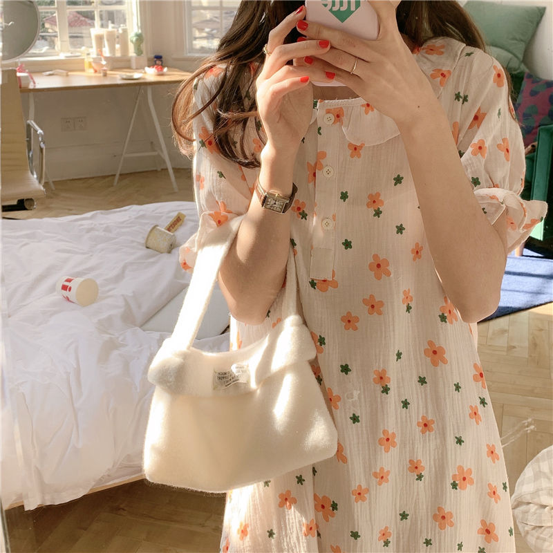 Korean ins sweet small flower nightdress female summer baby cotton short-sleeved mid-length pajamas skirt home service