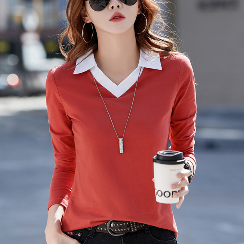 Pure cotton spring long-sleeved t-shirt women's 2023 new loose foreign style POLO collar bottoming top wearing lapel shirt