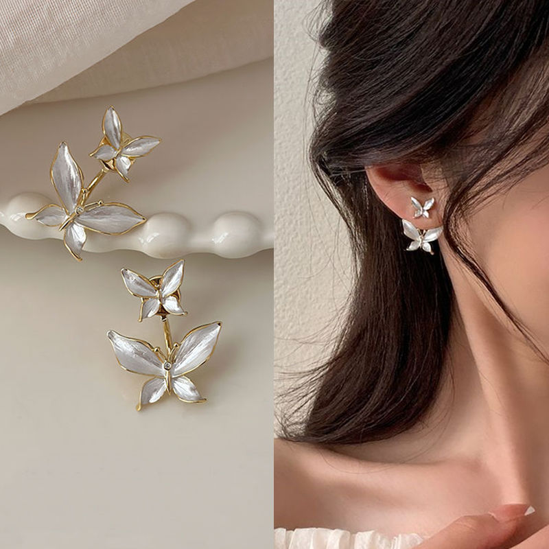 小巧白色蝴蝶耳环一款两戴耳钉小众设计感高级耳饰女2023年新款潮