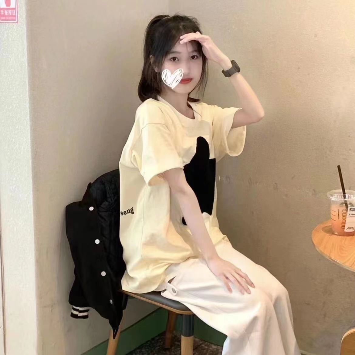 100%純棉學生杏色丅恤短袖女2023夏季新款韓版字母印花寬鬆上衣潮