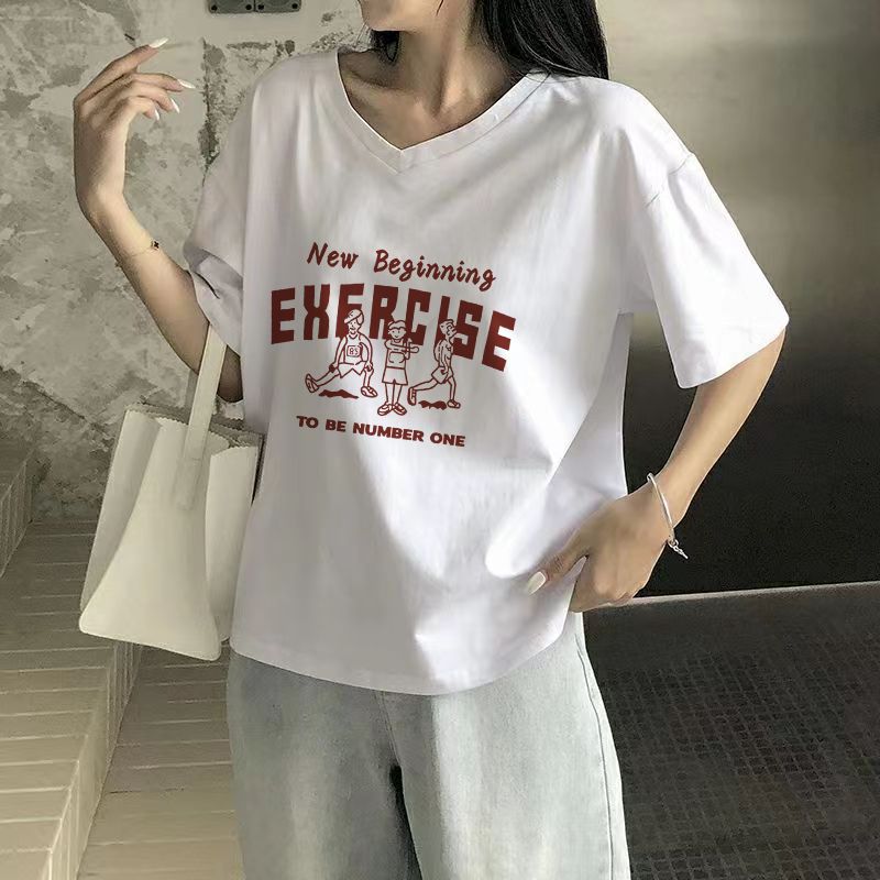 純棉短袖女2023新款夏季女生短袖衫V領寬鬆白色t恤女裝學生上衣潮