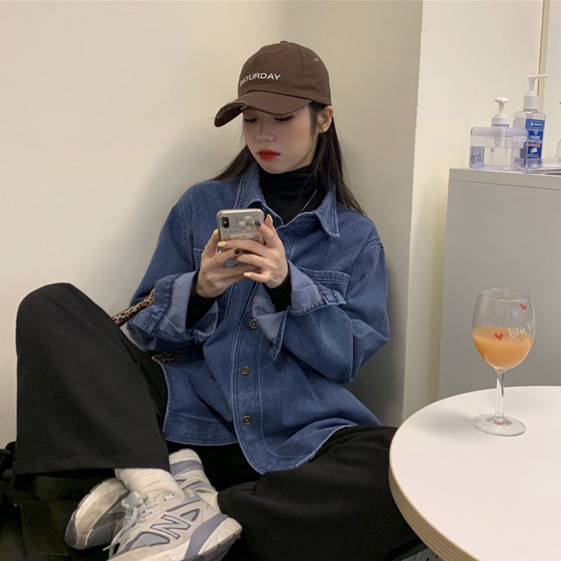 2023春秋新款牛仔襯衫女外套高級設計感小眾疊穿上衣歐貨時尚襯衣