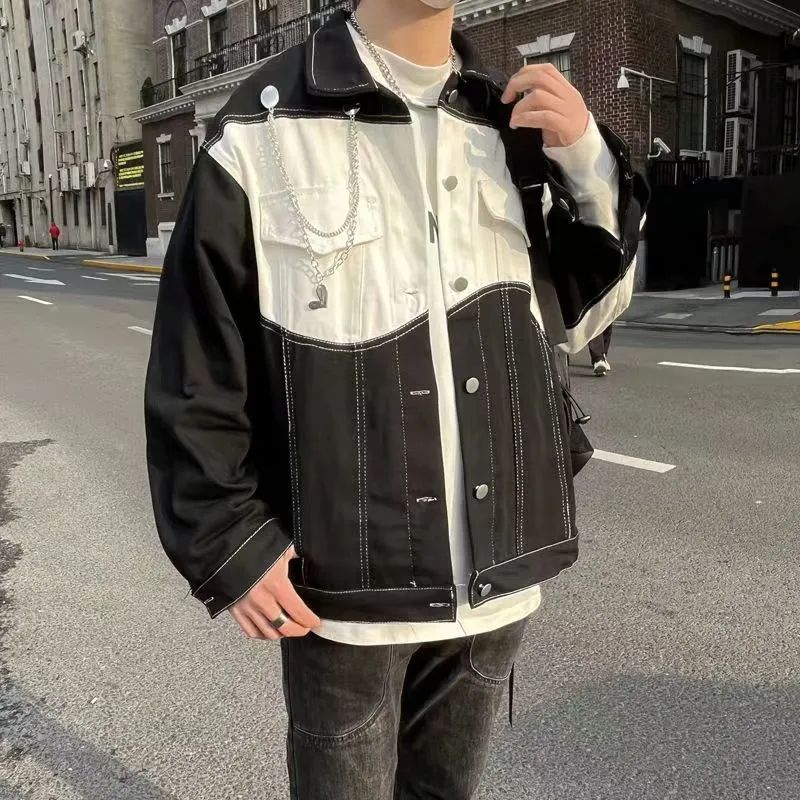 2023新款拼色牛仔夾克春秋男士個性街頭痞帥ins機車潮流工裝外套