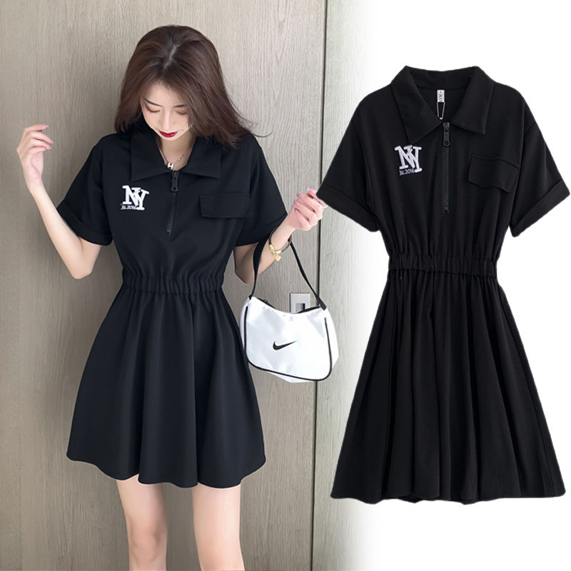 黑色連衣裙女夏季新款韓版氣質百搭顯瘦刺繡A字短T裙polo領小黑裙