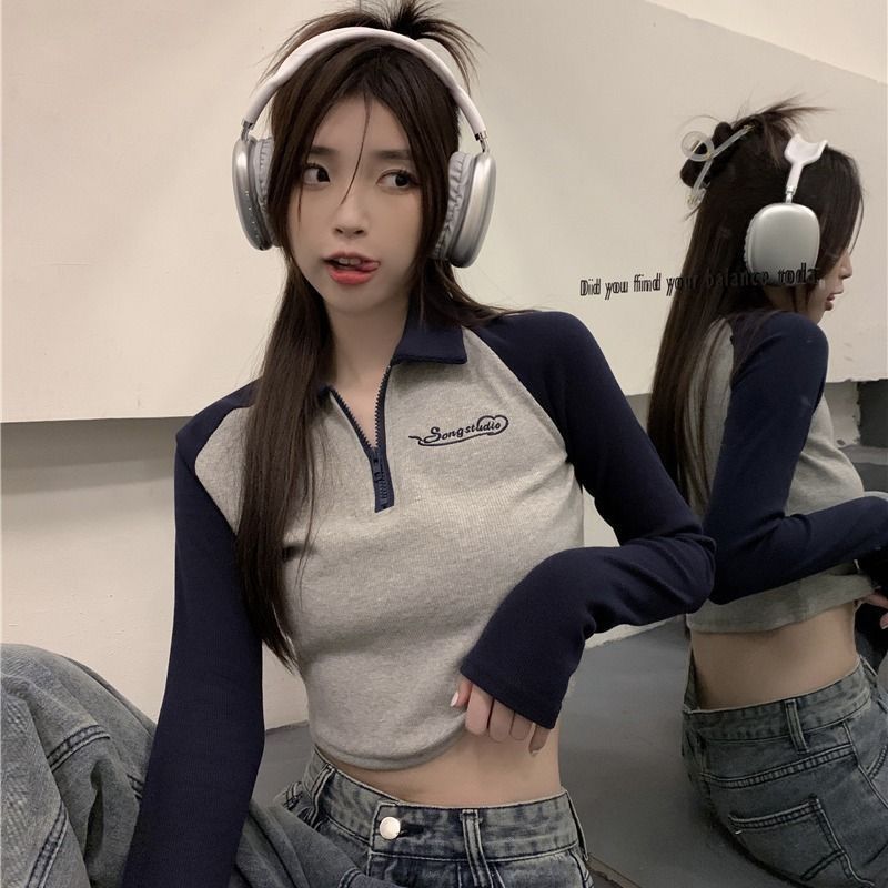 100%純棉小眾設計感正肩長袖t恤女春秋新款拉鏈polo領打底衫上衣