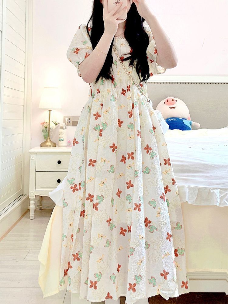 Tea break French white floral dress female  summer dress small high-end platycodon fairy first love skirt