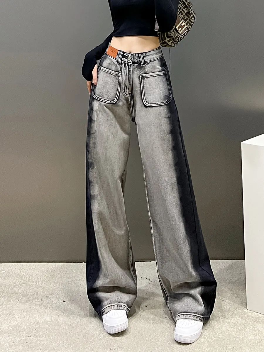 Spring and summer new contrast color gray black design sense high waist straight wide leg mopping jeans women look thin mopping the floor...