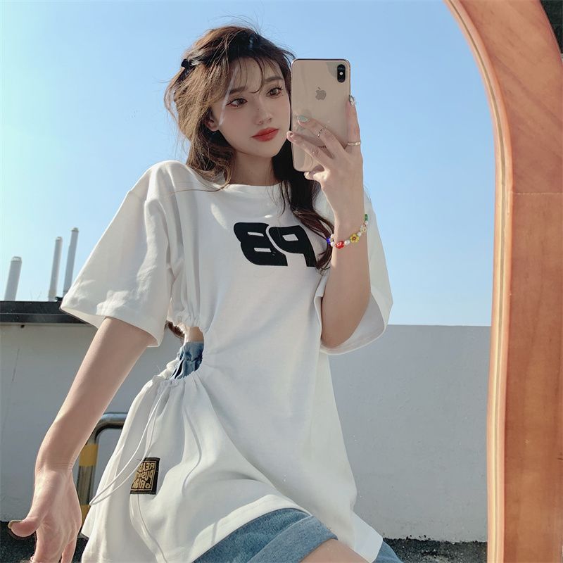 Side exposed waist drawstring short-sleeved t-shirt women's mid-length summer chic rose red sweet and spicy top design sense niche