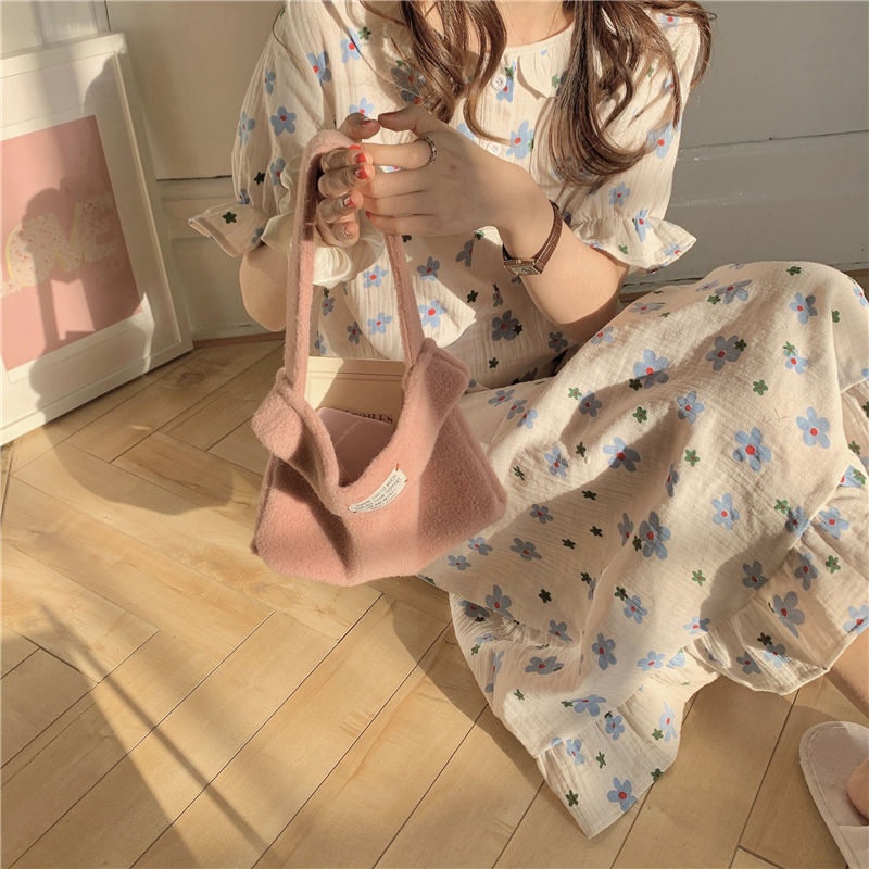 Korean ins sweet small flower nightdress female summer baby cotton short-sleeved mid-length pajamas skirt home service
