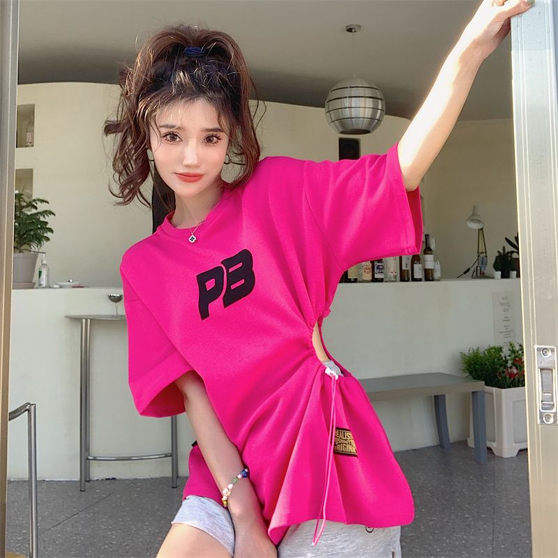 Side exposed waist drawstring short-sleeved t-shirt women's mid-length summer chic rose red sweet and spicy top design sense niche
