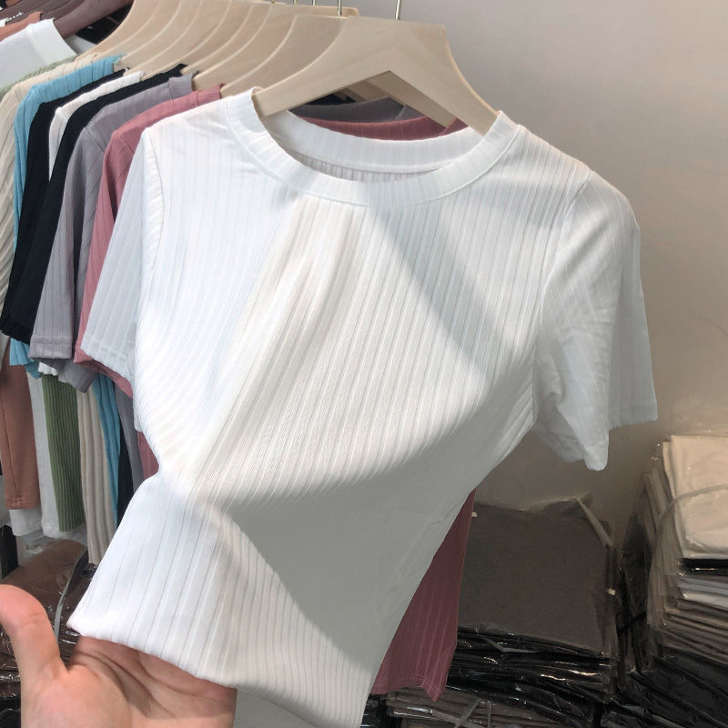 European goods pit strip thin white short-sleeved T-shirt women's 2023 summer new loose round neck bottoming shirt top