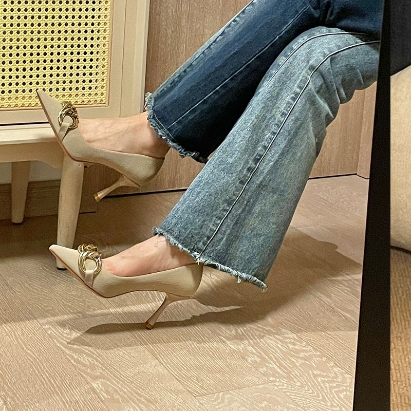 Taoqi electric wave high-heeled shoes women's 2023 spring new European and American style metal chain pointed toe shallow mouth stiletto shoes