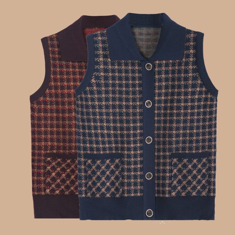New style elderly lapel sweater vest middle-aged grandma dress spring and autumn plaid cardigan knitted vest vest