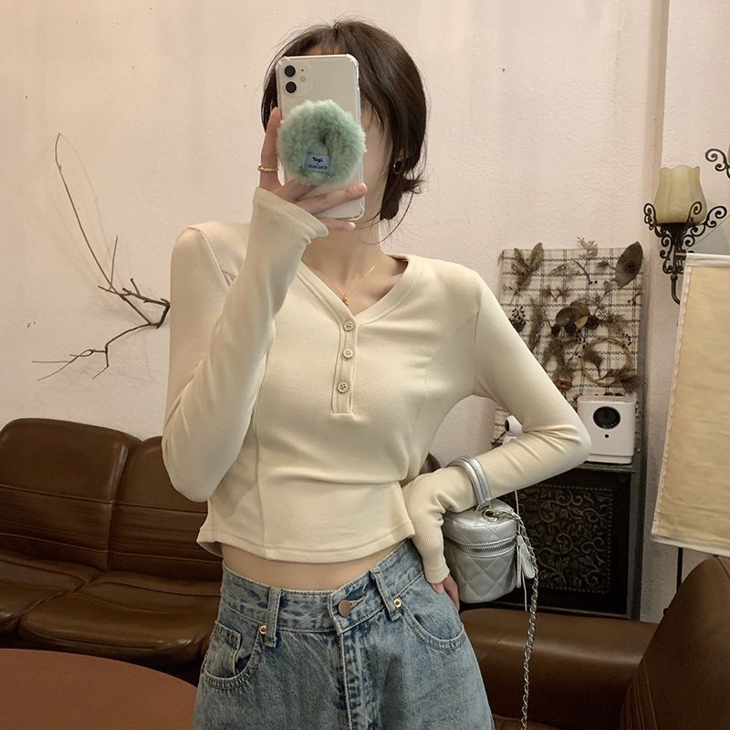 v領設計感小眾針織長袖t恤女早春新款內搭修身百搭短款打底衫上衣