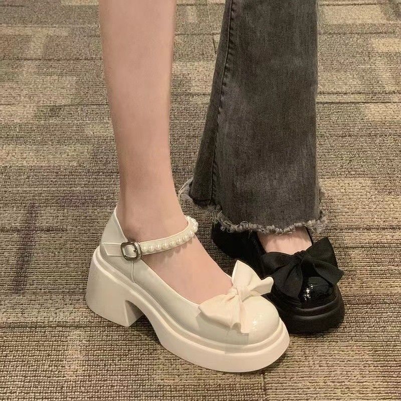 厚底玛丽珍鞋女2023春新款时尚甜美蝴蝶结复古粗跟增高珍珠小皮鞋