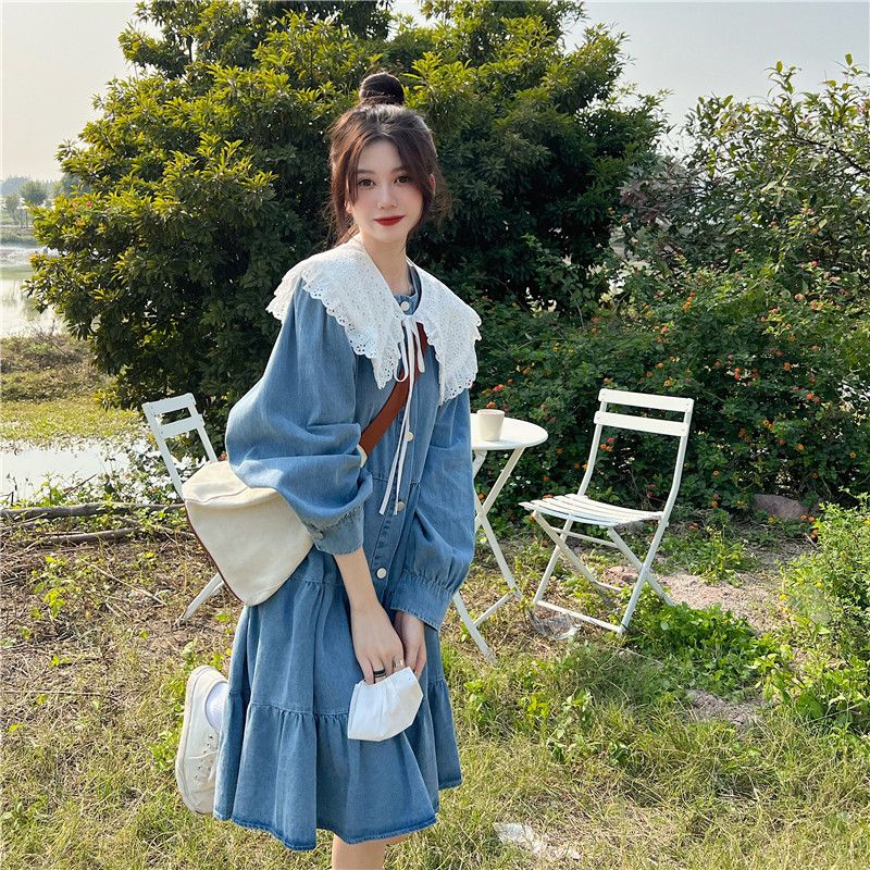 娃娃領牛仔連衣裙女春季新款韓版減齡寬鬆遮肉甜美中長款孕婦裙子