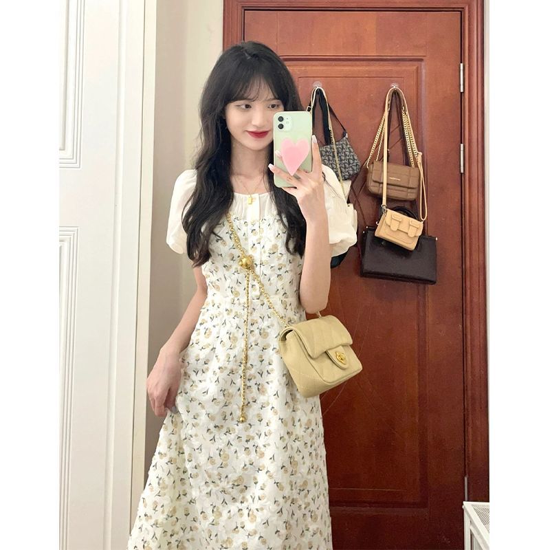 French high-end chic chic waist milk sweet puff sleeve floral dress gentle wind tea break beautiful mid-length skirt summer