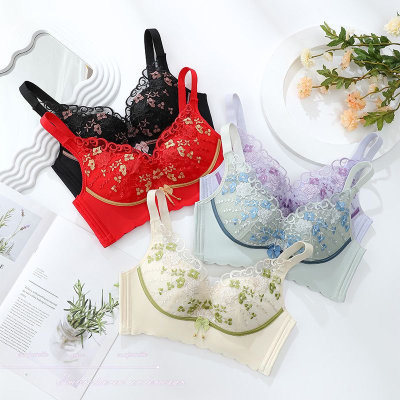 Embroidery underwear women gather up small chest thick section no steel ring lace bra anti-sagging sexy thin cup bra