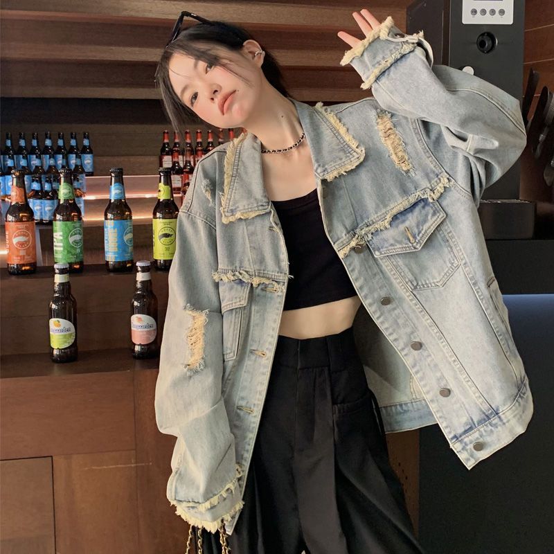 Retro raw edge distressed ripped denim jacket for women spring and autumn loose casual all-match work jacket top trendy ins