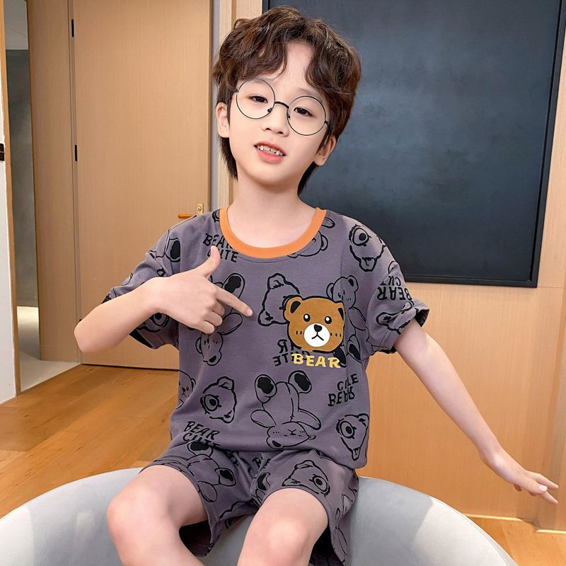 Children's pajamas, boys' summer short-sleeved pants, pure cotton, little boys, middle-aged and older children's summer cartoon pullover home clothes set