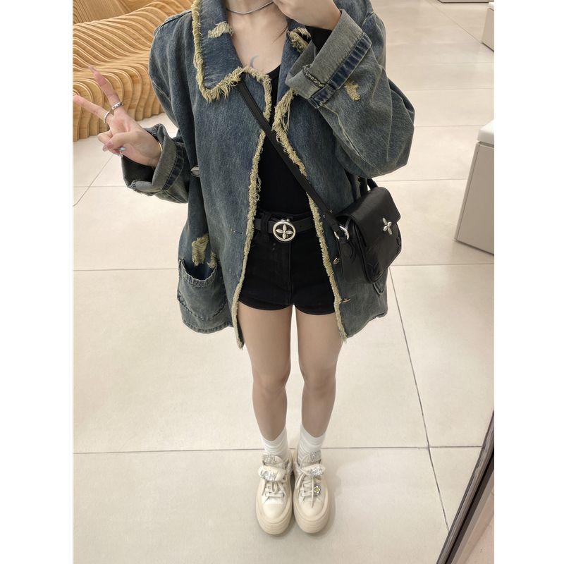 Design sense personalized fried street tassel long-sleeved denim jacket female spring and autumn sweet cool hot girl jacket top ins tide