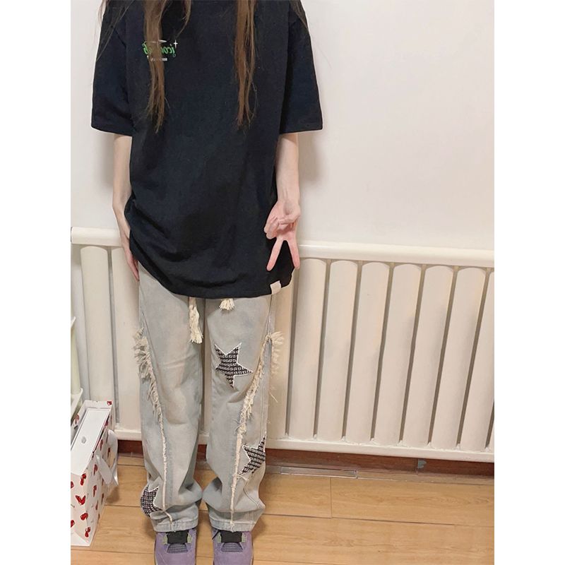 直筒大碼五角星設計高腰牛仔褲女胖mm高街復古寬鬆顯瘦垂感闊腿褲