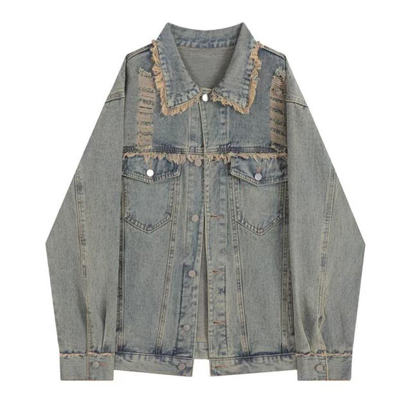 Retro raw edge distressed ripped denim jacket for women spring and autumn loose casual all-match work jacket top trendy ins