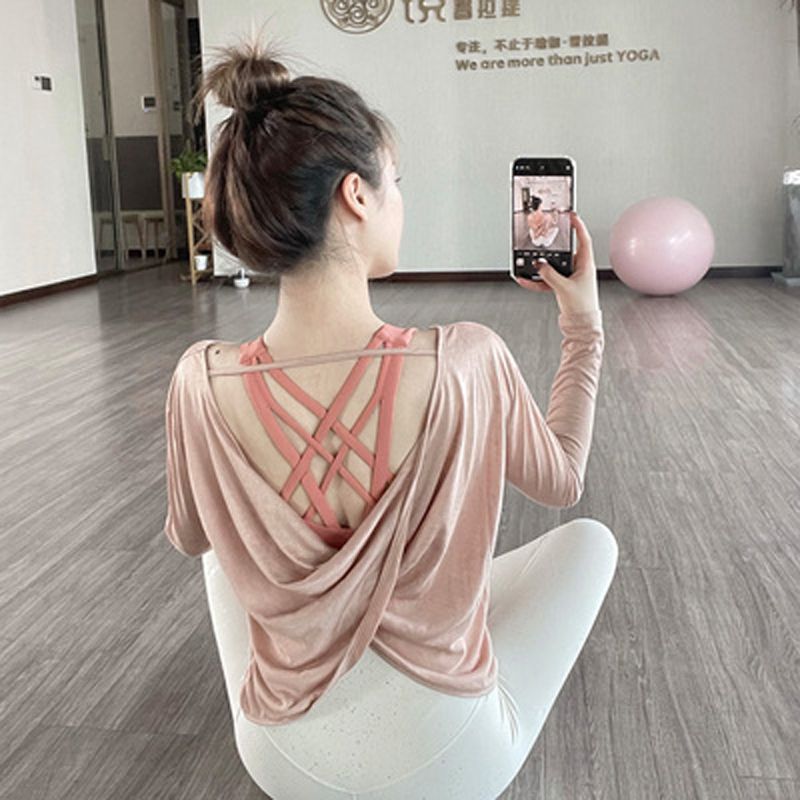 Summer backless sports top women's loose quick-drying long-sleeved running fitness cover-up sexy beautiful back yoga wear thin section