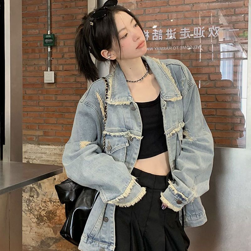 Retro raw edge distressed ripped denim jacket for women spring and autumn loose casual all-match work jacket top trendy ins